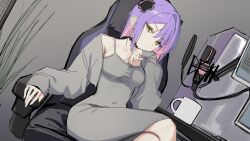Rule 34 | 1girl, alternate costume, black dress, breasts, chair, closed mouth, coffee mug, cup, dongtan dress, dress, green eyes, grey dress, large breasts, looking at viewer, meme attire, microphone, mug, purple hair, short hair, solo, syhan, twitter, upper body