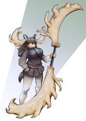 Rule 34 | 1girl, alternate breast size, animal ears, antlers, black hair, black skirt, breasts, brown eyes, full body, fur scarf, gradient sleeves, grin, hair between eyes, hatch (hatch box), holding, holding polearm, holding weapon, horns, huge breasts, huge weapon, kemono friends, large breasts, legs together, long sleeves, looking at viewer, miniskirt, moose (kemono friends), moose ears, moose tail, pantyhose, pleated skirt, polearm, scarf, skirt, smile, solo, standing, sweater, tail, taut clothes, taut sweater, v-shaped eyebrows, weapon