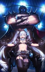 Rule 34 | 1boy, 1girl, :d, ahoge, belt, bikini, bikini top only, black thighhighs, blue eyes, bullet, cain (grt1125), cape, collar, crossed arms, garter straps, gloves, glowing, glowing eyes, gun, hair between eyes, hair ornament, handgun, height difference, jacket, leather, leather gloves, leather jacket, long hair, looking at viewer, navel, open mouth, original, pistol, revolver, shorts, shoulder spikes, silver hair, skull hair ornament, smile, spiked collar, spikes, swimsuit, thighhighs, twintails, very long hair, weapon, whip