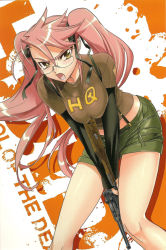 Rule 34 | 1girl, absurdres, breasts squeezed together, breasts, glasses, gun, handgun, highres, highschool of the dead, large breasts, legs, long legs, luger p08, midriff, open mouth, pink hair, pistol, ribbon, satou shouji, shorts, solo, suspenders, takagi saya, thighs, twintails, weapon, yellow eyes