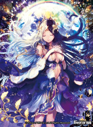Rule 34 | 1girl, bird, black hair, center opening, copyright name, crystal, closed eyes, force of will, gem, long hair, lumia (force of will), multicolored hair, natsuiro xx, navel, official art, planet, solo, sparkle, star (symbol), tiara, two-tone hair, white hair