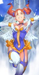 Rule 34 | 1girl, absurdres, bare shoulders, breasts, cleavage, collarbone, divine bustier (dq), dragon quest, dragon quest viii, dress, earrings, elbow gloves, garter belt, garter straps, gloves, highres, jessica albert, jewelry, looking at viewer, medium breasts, navel, orange eyes, orange hair, pretty-purin720, sketch, solo, square enix, standing, standing on one leg, strapless, strapless dress, thighhighs, thighs, two side up, white gloves, white thighhighs, white wings, wings