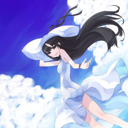 Rule 34 | 1girl, ass, bare shoulders, beckoning, black eyes, black hair, blunt bangs, cloud, day, dress, dutch angle, hand on headwear, hat, kazuoki, long hair, looking at viewer, looking back, see-through, see-through silhouette, skinny, sky, smile, solo, sundress, water, wind