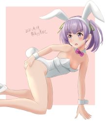 Rule 34 | 1girl, all fours, ame-san, animal ears, border, bow, bowtie, breasts, dated, detached collar, fake animal ears, grey eyes, highres, kantai collection, leotard, looking at viewer, looking back, ooshio (kancolle), pink background, playboy bunny, purple hair, rabbit ears, rabbit tail, red bow, red bowtie, short hair, short twintails, small breasts, solo, strapless, strapless leotard, tail, twintails, twitter username, two-tone background, white border, white leotard, wrist cuffs