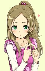 Rule 34 | 10s, 1girl, blush, green eyes, half updo, index fingers together, light brown hair, long hair, long sleeves, looking at viewer, minamino kanade, minatsuki randoseru, precure, simple background, solo, suite precure, yellow background
