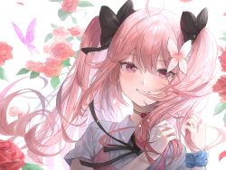 Rule 34 | 1girl, absurdres, blush, bow, butterfly hair ornament, chan1moon, flower, hair ornament, highres, indie virtual youtuber, pale skin, pink hair, purple eyes, ribbon, ronarona, rose, twintails, virtual youtuber