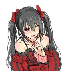 Rule 34 | 1girl, alternate costume, bare shoulders, black hair, clock eyes, commentary, date a live, date a live: date a bullet, dress, heterochromia, long hair, looking at viewer, open mouth, red eyes, smile, solo, symbol-shaped pupils, ted (user keuh7433), tokisaki kurumi, twintails, white background, yellow eyes