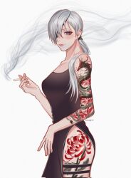 Rule 34 | 1girl, arm tattoo, black dress, chainsaw man, cigarette, dragon, dress, ear piercing, earrings, eastern dragon, eyepatch, highres, holding, holding cigarette, jewelry, leg tattoo, long hair, looking at viewer, piercing, ponytail, quanxi (chainsaw man), side slit, sideways glance, simple background, smile, smoke, solo, stud earrings, taestymaee, tattoo, twitter username, white background, white hair
