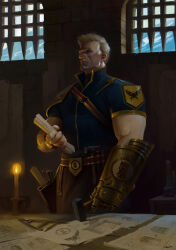 Rule 34 | bird, blueprint (object), candle, eagle, fire, fluffy hair, gauntlets, hammer, highres, imperial aquila, imperial fists, imperium of man, male focus, muscular, muscular male, oruam, primarch, rogal dorn, scroll, semi realisim, short hair, tools, warhammer 40k, white hair, workshop
