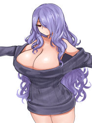 Rule 34 | 1girl, bare shoulders, breasts, camilla (fire emblem), cleavage, collarbone, covered navel, fire emblem, fire emblem fates, fire emblem heroes, highres, huge breasts, long hair, nintendo, one eye covered, purple hair, red eyes, shiny skin, smile, steamingtofu, sweater, very long hair, wavy hair, white background