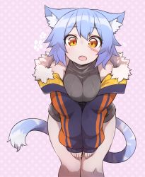 Rule 34 | 1girl, animal ear fluff, animal ears, bare shoulders, blue hair, blush, breasts, cat ears, cat tail, commentary, commentary request, facial scar, fur trim, highres, looking at viewer, medium breasts, off shoulder, open mouth, orange eyes, original, ribbed sweater, ryota tentei, scar, scar on cheek, scar on face, short hair, short shorts, shorts, solo, sweater, tail, thighs, tora tentei, wide hips