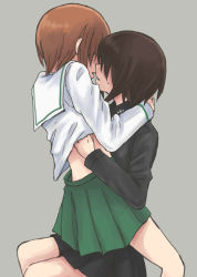 Rule 34 | 2girls, blouse, brown hair, clothes lift, girls und panzer, green skirt, grey background, hair over eyes, hand under clothes, hug, imminent kiss, incest, insignia, kuromorimine school uniform, lifting another&#039;s clothes, long sleeves, miniskirt, multiple girls, mutsu (layergreen), nishizumi maho, nishizumi miho, ooarai school uniform, pleated skirt, school uniform, serafuku, shirt, shirt lift, short hair, siblings, simple background, sisters, sitting, sitting on lap, sitting on person, skirt, straddling, sweat, white shirt, yuri