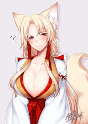 Rule 34 | 1girl, animal ears, breasts, cleavage, fox ears, fox tail, konshin, large breasts, solo, tagme, tail