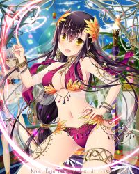Rule 34 | 1girl, black hair, blush, bracelet, breasts, cleavage, earrings, falkyrie no monshou, hand on own hip, heart, index finger raised, jewelry, large breasts, natsumekinoko, navel, official art, open mouth, ring, sideboob, smile, yellow eyes