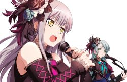 Rule 34 | 2girls, ashiwara yuu, bang dream!, black bow, blue bow, blue flower, blue rose, bow, breasts, brown eyes, brown flower, brown rose, brown shirt, brown sleeves, closed mouth, detached sleeves, earrings, electric guitar, fingernails, flower, glint, green eyes, grey hair, guitar, hair between eyes, hair flower, hair ornament, highres, hikawa sayo, holding, holding instrument, holding microphone, instrument, jewelry, long hair, long sleeves, looking away, microphone, minato yukina, multiple girls, music, open mouth, playing instrument, puffy short sleeves, puffy sleeves, rose, roselia (bang dream!), round teeth, shirt, short sleeves, simple background, sleeveless, sleeveless shirt, sleeves past wrists, small breasts, striped, striped bow, teeth, upper body, upper teeth only, v-shaped eyebrows, white background