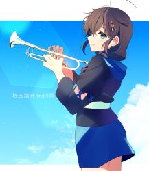 Rule 34 | 1girl, absurdres, ahoge, black hair, blue eyes, blue shirt, blue skirt, braid, commentary request, cowboy shot, hair flaps, hair ornament, hair over shoulder, highres, instrument, kantai collection, long sleeves, official alternate costume, profile, shigure (kancolle), shigure kai ni (kancolle), shirt, single braid, skirt, solo, standing, trumpet, yukichi (eikichi)