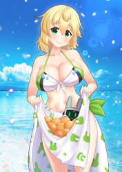 Rule 34 | 1girl, beach, bikini, blonde hair, blue sky, breasts, character request, cleavage, clothes lift, cloud, cloudy sky, copyright request, day, food, fruit, green eyes, highres, huge breasts, large breasts, looking at viewer, navel, ocean, orange (fruit), outdoors, robot, sarong, sarong lift, shiromaru (maniado), sky, smile, solo, sparkle, standing, sunlight, swimsuit, thick eyebrows