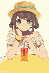 Rule 34 | 1girl, arm support, brown hair, drinking straw, glass, green eyes, hat, head rest, headrest, highres, juice, long hair, looking at viewer, maco22, original, smile, solo, straw hat