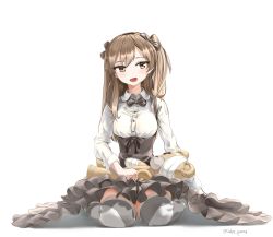 Rule 34 | 10s, 1girl, bandages, black bow, black bowtie, black ribbon, black skirt, black thighhighs, boko (girls und panzer), bow, bowtie, brown eyes, casual, collared shirt, full body, girls und panzer, hair ribbon, high-waist skirt, highres, holding, holding stuffed toy, layered skirt, light brown hair, long hair, long sleeves, looking at viewer, medium skirt, open mouth, pemu (udon-oishi1993), ribbon, shimada arisu, shirt, side ponytail, simple background, sitting, skirt, smile, solo, striped clothes, striped thighhighs, stuffed animal, stuffed toy, suspender skirt, suspenders, teddy bear, thighhighs, twitter username, wariza, white background, white shirt
