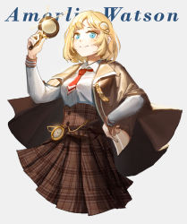 Rule 34 | 1girl, blonde hair, blue eyes, character name, grey background, hand on own hip, highres, holding, holding magnifying glass, hololive, hololive english, looking down, magnifying glass, medium hair, solo, vincent wu, virtual youtuber, watson amelia, watson amelia (1st costume)