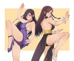 Rule 34 | 2girls, alternate hairstyle, arm up, ass, back-to-back, backless dress, backless outfit, bare arms, bare legs, bare shoulders, black choker, black dress, black hair, border, bracelet, breasts, brown eyes, brown hair, capcom, choker, chun-li, closed mouth, commission, crossover, dress, fighting stance, final fantasy, final fantasy vii, final fantasy vii remake, fingernails, high heels, highres, jewelry, knee up, large breasts, leg up, looking afar, looking at viewer, looking to the side, multicolored clothes, multicolored dress, multiple girls, neck, official alternate costume, open hand, panties, pantyshot, pelvic curtain, pudelmudel, purple dress, purple footwear, purple panties, red eyes, short sleeves, sideboob, simple background, sleeveless, sleeveless dress, smile, spiked bracelet, spikes, square enix, standing, standing on one leg, straight hair, street fighter, tifa lockhart, tifa lockhart (refined dress), two-tone dress, underwear, wall market, white border, white footwear, yellow background