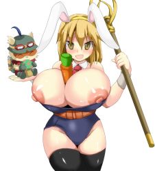 Rule 34 | 1girl, animal ears, areola slip, bare shoulders, between breasts, black thighhighs, blonde hair, breasts, carrot, cleavage, curvy, groin, hair ornament, highleg, huge breasts, impossible clothes, impossible shirt, large areolae, league of legends, necktie, nipple slip, nipples, nira, open mouth, rabbit ears, shirt, simple background, staff, standing, teemo, thick thighs, thighhighs, thighs, white background, yellow eyes