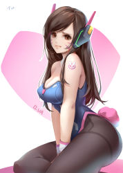 Rule 34 | 1girl, adapted costume, arm tattoo, bare shoulders, between legs, breasts, brown eyes, brown hair, brown pantyhose, character name, cleavage, closed mouth, d.va (overwatch), eyelashes, facepaint, facial mark, from side, hand between legs, headphones, highleg, highleg leotard, highres, large breasts, leotard, lips, long hair, looking at viewer, matching hair/eyes, overwatch, overwatch 1, pantyhose, pink lips, playboy bunny, purple leotard, rabbit tail, rabbit tattoo, signature, sitting, solo, strapless, strapless leotard, swept bangs, tail, tattoo, tracyton, whisker markings, wrist cuffs