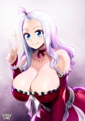 Rule 34 | 1girl, bare shoulders, blue eyes, breasts, choker, cleavage, dress, fairy tail, female focus, highres, huge breasts, long hair, looking at viewer, mirajane strauss, off-shoulder dress, off shoulder, solo, the golden smurf, v, white hair