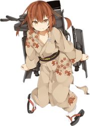 Rule 34 | &gt;:t, 10s, 1girl, :t, brown hair, fang, full body, hair ornament, hairclip, ikazuchi (kancolle), japanese clothes, kantai collection, kimono, looking at viewer, official art, pout, sandals, shoe dangle, short hair, solo, tears, torn clothes, transparent background, v-shaped eyebrows, yadokari (migihashi), yukata