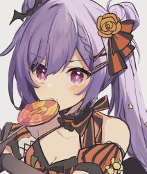 Rule 34 | 1girl, alternate costume, bat hair ornament, black gloves, blush, breasts, candy, cleavage, closed mouth, commentary request, double bun, food, genshin impact, gloves, grey background, hair bun, hair ornament, hairclip, halloween costume, highres, holding, holding candy, holding food, holding lollipop, keqing (genshin impact), lollipop, looking at viewer, pink eyes, purple hair, shirase (shirose), simple background, small breasts, solo, star (symbol), star hair ornament, striped, twintails, upper body