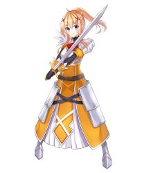 Rule 34 | 1girl, 97dwnstjq, armor, armored dress, bad id, bad pixiv id, blonde hair, blue eyes, blush, braid, breasts, commentary request, darkness (konosuba), full body, gloves, hair between eyes, hair ornament, highres, holding, holding sword, holding weapon, kono subarashii sekai ni shukufuku wo!, large breasts, long hair, looking at viewer, ponytail, simple background, smile, solo, sword, weapon, white background, x hair ornament