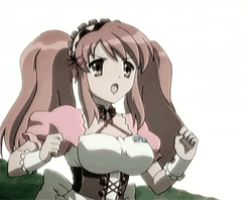 Rule 34 | &gt;:o, 00s, 1girl, :o, \m/, animated, animated gif, apron, asahina mikuru, bouncing breasts, bow, breasts, brown eyes, brown hair, clenched hand, corset, criss-cross halter, cross-laced clothes, day, double v, energy beam, eye beam, frills, hair ribbon, halterneck, halterneck, large breasts, long hair, looking to the side, lowres, maid, maid apron, maid headdress, mikuru beam, mountain, name tag, open mouth, outdoors, puffy sleeves, ribbon, screencap, short sleeves, sky, solo, suzumiya haruhi no yuuutsu, twintails, upper body, v, v-shaped eyebrows, v over eye, wrist cuffs