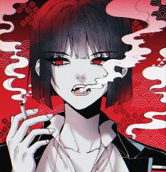 Rule 34 | 1girl, 3cnfw, black coat, black hair, bob cut, cigarette, coat, collared shirt, fingernails, highres, holding, holding cigarette, limbus company, looking to the side, open mouth, portrait, project moon, red background, ryoshu (project moon), shirt, smoke, smoking, solo, white shirt