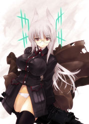 Rule 34 | 1girl, animal ears, black thighhighs, breasts, brown eyes, buttons, coat, glasses, head wings, heidimarie w. schnaufer, hirschgeweih antennas, jacket, large breasts, long hair, military, military uniform, miwa yoshikazu, panties, parted lips, pouch, silver hair, solo, strike witches, thighhighs, underwear, uniform, weapon, white panties, wings, world witches series