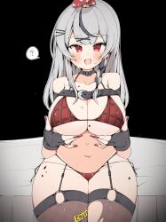 Rule 34 | 1girl, ?, absurdres, bare shoulders, black background, black hair, blunt bangs, blush, bra, braid, breast hold, breasts, caution tape, cleavage, collar, collarbone, commentary request, fingerless gloves, fingernails, garter straps, gloves, grey hair, hair ornament, hands up, highres, hololive, kuma no bansoukou, large breasts, long hair, looking at viewer, multicolored hair, mushroom, mushroom on head, o-ring, o-ring thigh strap, on bed, open mouth, panties, red bra, red eyes, red nails, red panties, sakamata chloe, simple background, sitting, smile, solo, spoken question mark, stomach, streaked hair, sweatdrop, thigh strap, thighhighs, torn clothes, torn thighhighs, underwear, virtual youtuber, x hair ornament