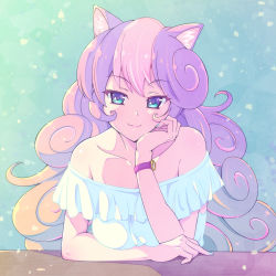 Rule 34 | 1girl, animal ear fluff, animal ears, bare shoulders, blue eyes, blue nails, collarbone, curly hair, e20, elbows on table, frilled shirt, frills, head rest, highres, long hair, multicolored hair, nail polish, off-shoulder shirt, off shoulder, pink hair, shirt, show by rock!!, smile, solo, sparkling eyes, squirrel ears, streaked hair, sumomone (show by rock!!), upper body, watch, white shirt, wristwatch