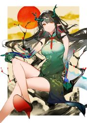Rule 34 | 1girl, arknights, bare legs, black hair, border, bracelet, breasts, cleavage, colored skin, crossed legs, dragon horns, dress, dusk (arknights), dusk (everything is a miracle) (arknights), earrings, foot out of frame, green dress, green hair, green skin, high heels, highres, horns, ichibi, jewelry, large breasts, long hair, looking at viewer, multicolored hair, official alternate costume, pointy ears, red eyes, sitting, sleeveless, sleeveless dress, solo, sparkle, streaked hair