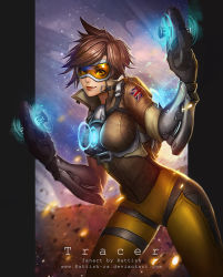 Rule 34 | 1girl, artist name, bodysuit, breasts, brown hair, character name, chest harness, contrapposto, dual wielding, goggles, gun, handgun, harness, highres, holding, jacket, large breasts, leather, leather jacket, legs apart, lips, looking at viewer, orange bodysuit, overwatch, overwatch 1, pistol, rattish, short hair, skin tight, smile, solo, spiked hair, standing, tracer (overwatch), union jack, watermark, weapon, web address