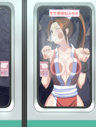 Rule 34 | 1girl, against door, against glass, arm guards, arms up, bare shoulders, breast press, breasts, breasts on glass, breath, brown hair, check commentary, cheek press, cheek squash, cleavage, clenched teeth, collarbone, commentary, commentary request, cramped, crowded, door, dripping, fatal fury, fingernails, glass, hayato rock, high ponytail, highres, japanese clothes, large breasts, long hair, multiple others, ninja, palms, parted lips, pelvic curtain, ponytail, revealing clothes, sash, shiranui mai, sidelocks, sign, sleeveless, sliding doors, solo focus, steam, sweat, teeth, the king of fighters, train, train interior, translation request, turning head, wet, window, yellow eyes