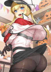 Rule 34 | 1girl, ass, b-ginga, bismarck (kancolle), black pantyhose, blonde hair, blue eyes, breasts, capelet, clothes lift, commentary request, cosplay, cowboy shot, d:, from behind, graf zeppelin (kancolle), graf zeppelin (kancolle) (cosplay), halloween, hat, indoors, jack-o&#039;-lantern, kantai collection, large breasts, looking at viewer, looking back, miniskirt, open mouth, out of frame, panties, panties under pantyhose, pantyhose, peaked cap, pennant, pov, sidelocks, skirt, skirt lift, solo focus, teeth, thighband pantyhose, twintails, underwear