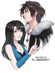 Rule 34 | 1boy, 1girl, anniversary, black hair, breasts, brown hair, closed mouth, copyright name, final fantasy, final fantasy viii, highres, jacket, jewelry, lips, long hair, looking at viewer, necklace, rinoa heartilly, scar, simple background, sleeveless, smile, squall leonhart, tatsunaka (tx3), white background