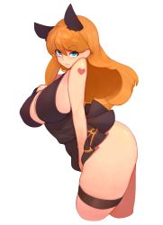Rule 34 | 00s, 1girl, :3, ass, bad id, bad pixiv id, blue eyes, breasts, cleavage, cropped legs, dungeon and fighter, covered erect nipples, female focus, happening18, highres, horns, large breasts, long hair, looking at viewer, orange hair, simple background, solo, thigh strap, white background