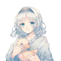 Rule 34 | 1girl, angel, braid, casual, commission, green eyes, hairband, halo, halo removed, headset removed, highres, kamishiro rita, hugging object, papermoon game, prism project, second-party source, simple background, skeb commission, solo, stuffed animal, stuffed toy, virtual youtuber, white background, white hair