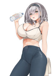 Rule 34 | 1girl, absurdres, arm behind back, black hairband, blue pants, bottle, breasts, cleavage, covered navel, cowboy shot, green eyes, hairband, hand up, highres, holding, holding bottle, hololive, large breasts, looking at viewer, midriff, mole, mole on breast, open mouth, pants, reichidad, shirogane noel, short hair, silver hair, simple background, solo, sportswear, tank top, teeth, towel, upper teeth only, virtual youtuber, water bottle, white background, white tank top