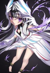 Rule 34 | 1girl, ankle cuffs, aura, bare shoulders, barefoot, black choker, black hair, breasts, choker, dark aura, dress, feather hair ornament, feathers, fire emblem, fire emblem engage, grey hair, hair ornament, hako momiji, highres, long hair, looking at viewer, multicolored hair, nintendo, parted lips, petite, purple eyes, small breasts, solo, two-tone hair, very long hair, veyle (fire emblem), wavy hair