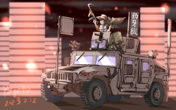 Rule 34 | 1girl, absurdres, bandana, bird wings, black hair, black wings, blurry, blurry background, brown hat, car, chinese commentary, commentary request, cowboy shot, dated, gun, hat, highres, holding, holding gun, holding weapon, kurokoma saki, military, military vehicle, motor vehicle, pzgr.40, red eyes, short hair, signature, solo, touhou, weapon, white bandana, wide shot, wings