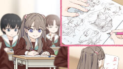 Rule 34 | 4girls, black hair, blurry, blurry background, blurry foreground, book, brown dress, brown hair, closed mouth, desk, drawing, dress, examination paper, fujishima megumi, green neckerchief, highres, holding, holding paper, holding pencil, indoors, link! like! love live!, long sleeves, love live!, mechanical pencil, minpailea, multiple girls, neckerchief, osawa rurino, paper, pencil, purple eyes, sailor collar, school desk, short hair, sitting, smile, test score, two side up, upper body, v, white sailor collar, winter uniform