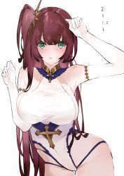 Rule 34 | 1girl, azur lane, blush, breasts, brown hair, contrapposto, elbow gloves, gloves, green eyes, highres, large breasts, leotard, long hair, looking at viewer, neko (ganecooo), one side up, parted lips, sideboob, simple background, solo, surcouf (azur lane), thigh gap, very long hair, white background, white gloves, white leotard, wide-eyed