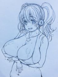 Rule 34 | 1girl, bikini, breasts, commentary request, hair between eyes, headphones, highres, huge breasts, jewelry, micro bikini, necklace, nitroplus, open mouth, plump, shiny skin, short twintails, sketch, smile, solo, star (symbol), star necklace, super pochaco, swimsuit, traditional media, tsuji santa, twintails