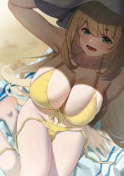 Rule 34 | 1girl, absurdres, arm up, armpits, bikini, blue archive, breasts, cleavage, front-tie bikini top, front-tie top, green eyes, hat, highres, large breasts, light brown hair, long hair, nonomi (blue archive), nonomi (swimsuit) (blue archive), official alternate costume, ramanda, side-tie bikini bottom, sitting, sun hat, swept bangs, swimsuit, white hat, yellow bikini